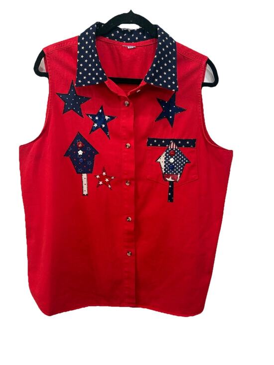 Unbranded Tops - Womens XL Denim Sleeveless Patriotic July 4thButton Down Red Top Cottagecore